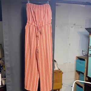 No Boundaries Coral and White Strapless Tie-Waist Jumpsuit